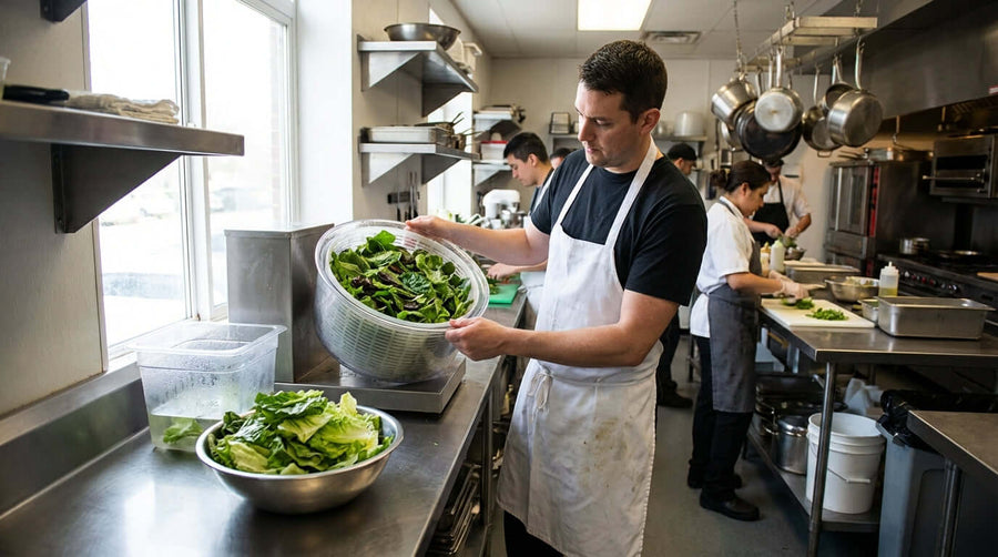 The Secret to Crisp Salads: How Proper Drying Improves Taste, Texture, and Shelf Life chef dries greens in salad spinner