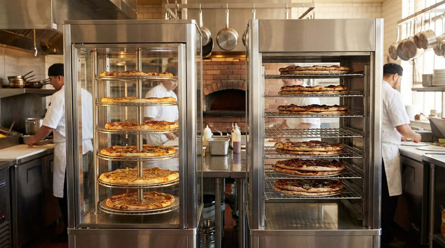 Rotating vs. Stationary Pizza Warmers: Which is Best for Your Business? rotating and stationary pizza warmer cabinets holding hot pizzas in a pizzeria kitchen