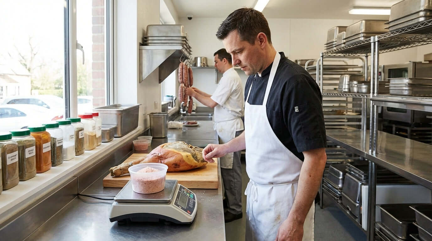 Curing with Confidence: A Food Service Safety Guide to Nitrites chef weighing curing salt next to pork in commercial kitchen
