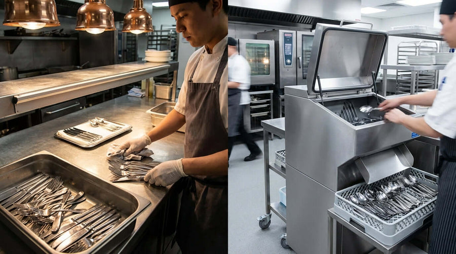 The True Cost of Hand Polishing: Calculating the ROI of a Cutlery Polishing Machine comparing hand polishing cutlery vs machine polishing in restaurant kitchen