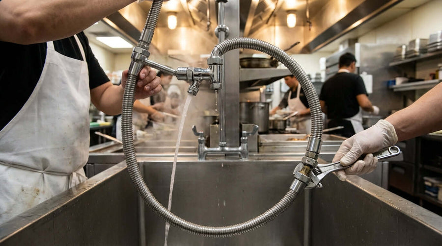 Leaks, Low Pressure, and Tangles: Troubleshooting Common Pre-Rinse Faucet Problems—commercial kitchen staff fixing tangled pre-rinse hose