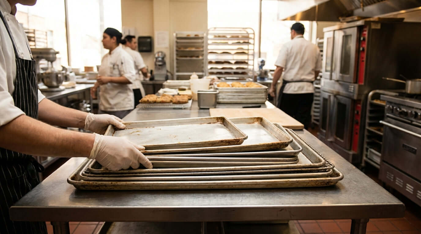 A Chefs Guide to Sheet Pans: Understanding Gauge, Size, and Rims - chef stacking rimmed sheet pans in a busy commercial kitchen