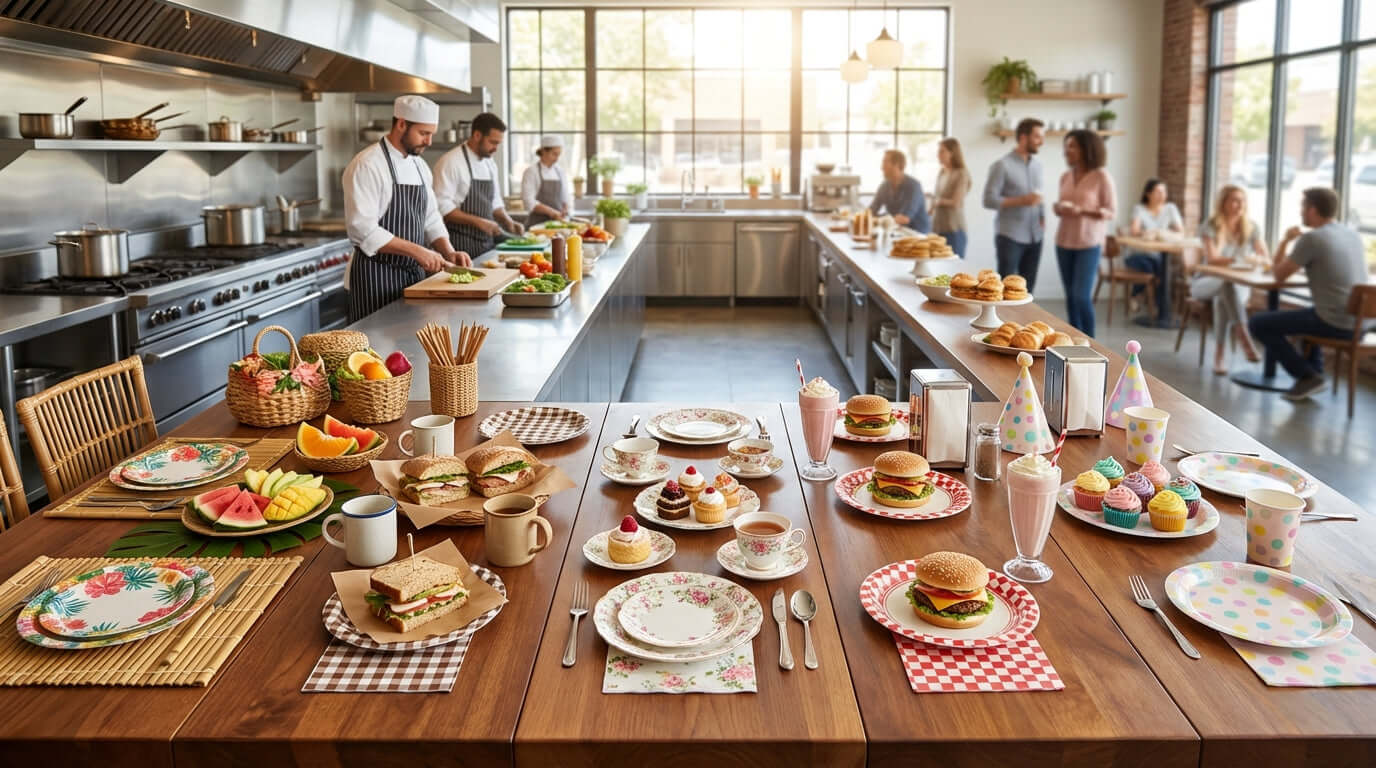 5 Creative Party Themes Elevated by Patterned Paper Plates party table with colorful patterned paper plates, cupcakes, sandwiches, and chefs prepping