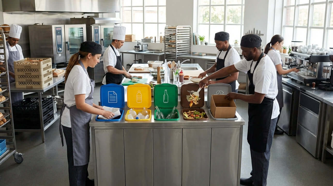 Alt Tag: Implementing an Effortless Office Recycling Program in Your Food Service Business with staff sorting waste into labeled bins