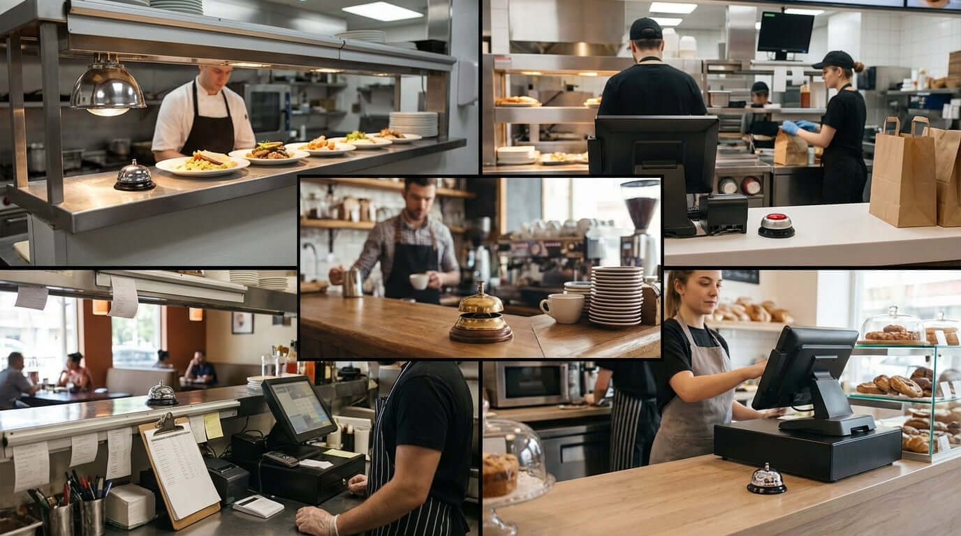 5 Strategic Places to Put a Counter Bell for Maximum Efficiency in restaurant and cafe service areas, POS counter, kitchen pass, and pickup station