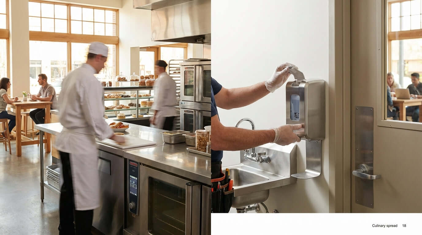 A Simple Checklist for Maintaining Your Commercial Hand Sanitizer Dispensers in restaurant kitchen as staff refills wall-mounted sanitizer dispenser