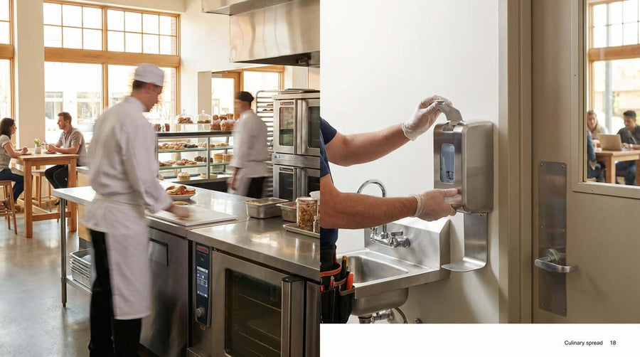 A Simple Checklist for Maintaining Your Commercial Hand Sanitizer Dispensers in restaurant kitchen as staff refills wall-mounted sanitizer dispenser