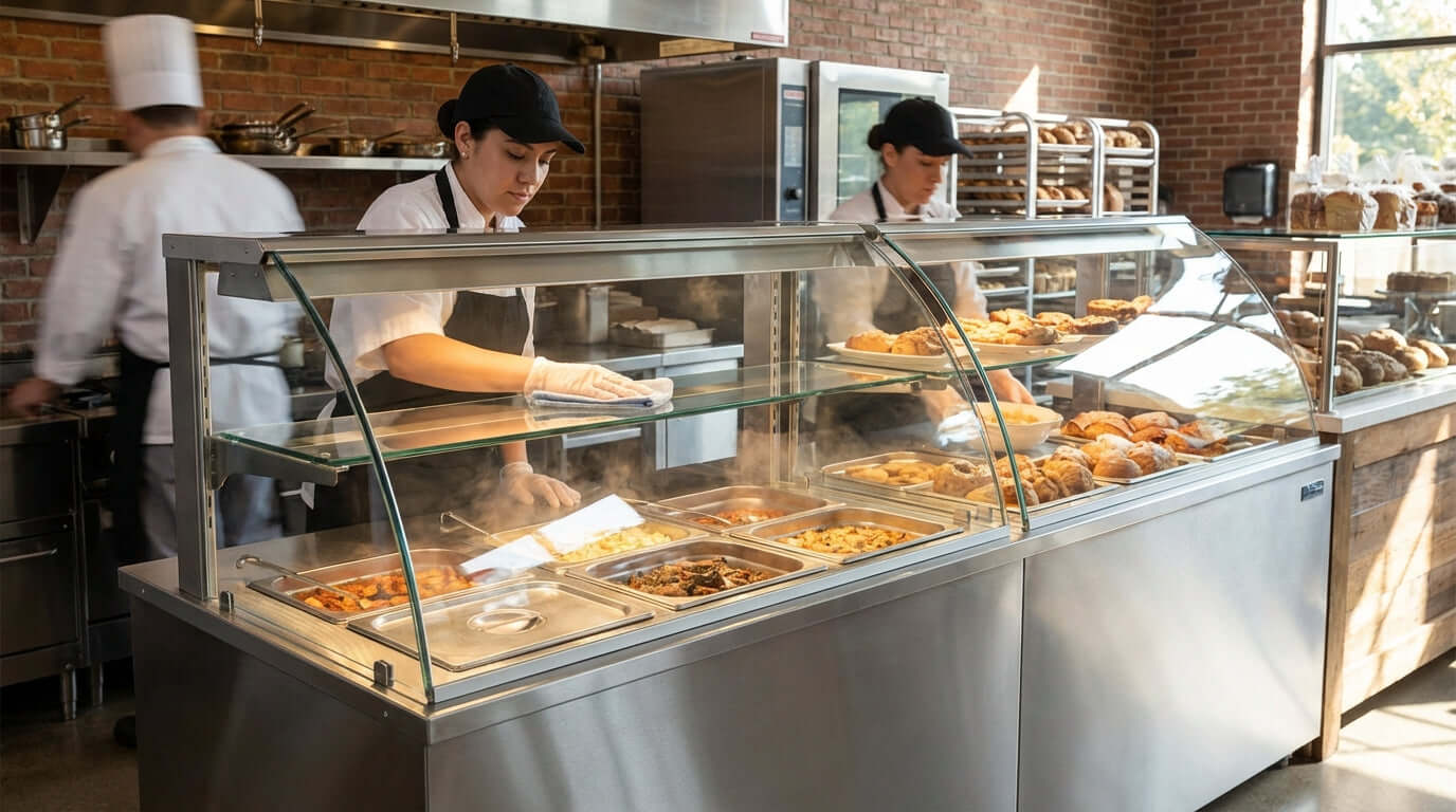 Keep it Clean, Keep it Safe: Essential Maintenance for Your Food Warmer floor model hot food display case being cleaned in restaurant