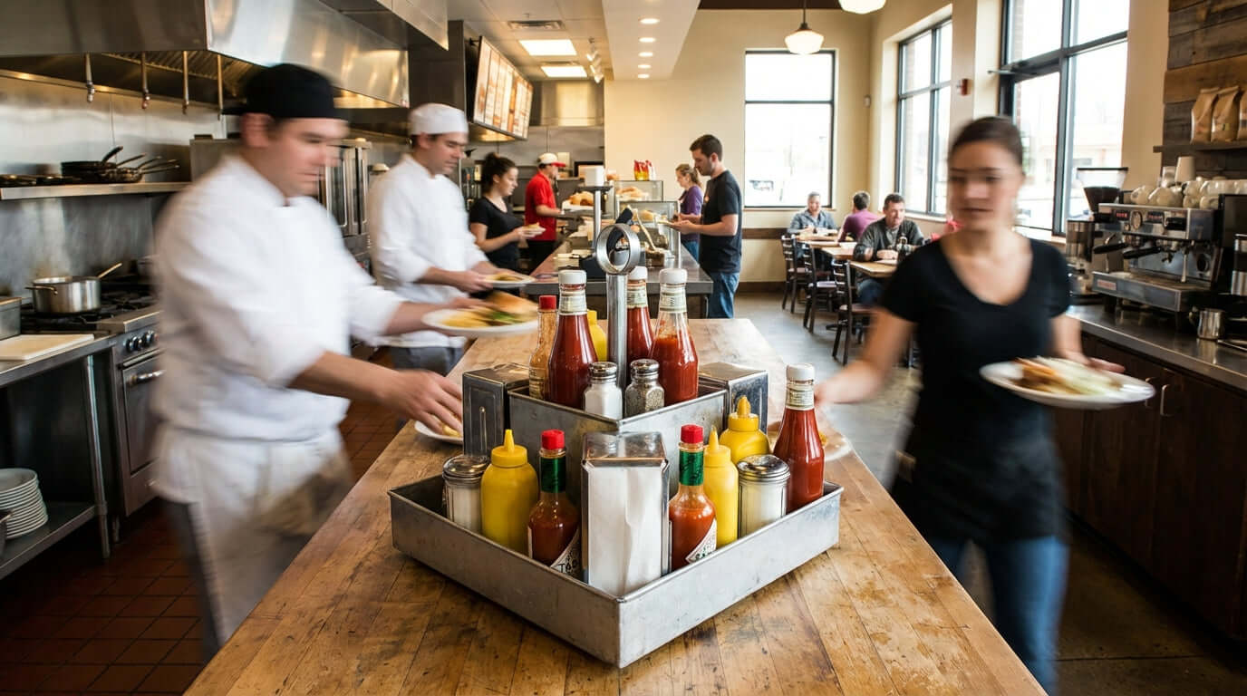 The Unsung Hero of the Dinner Rush: How Condiment Caddies Boost Restaurant Efficiency, busy restaurant service with condiment caddy on counter
