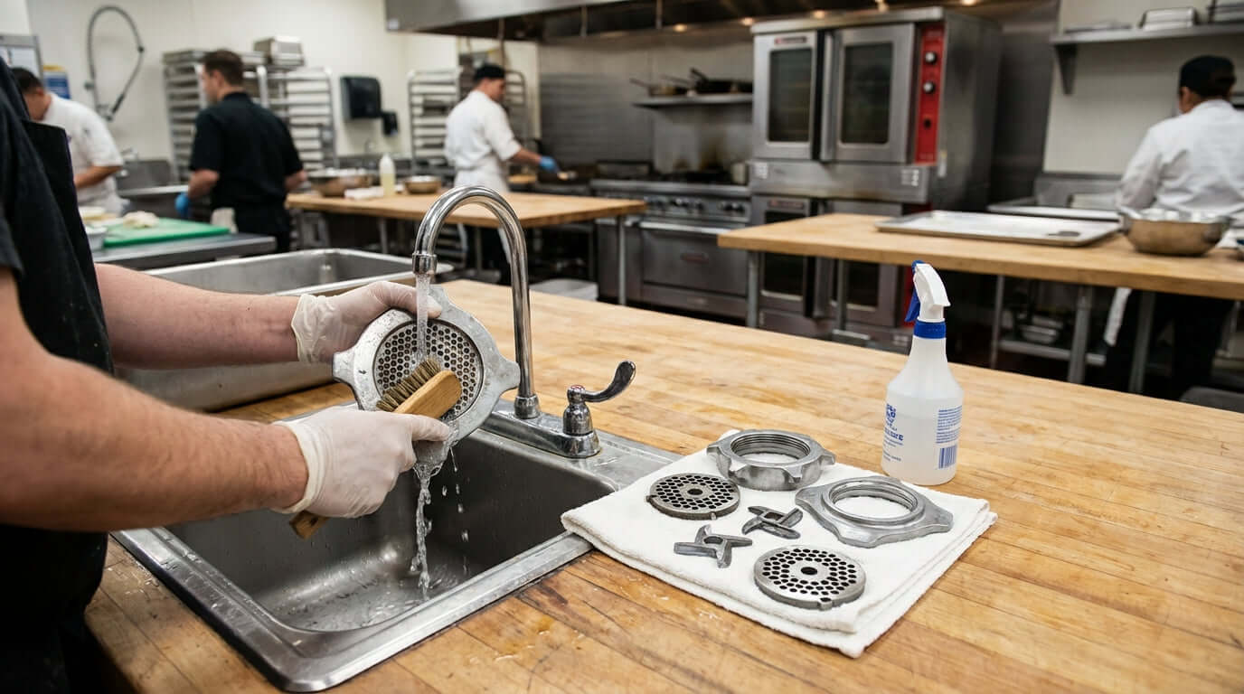 How to Properly Clean and Sanitize Your Grinder Plates to Prevent Rust – worker washing meat grinder plates and parts at commercial sink