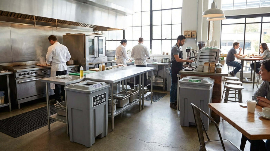 Comment choisir le bon bac de collecte de piles pour votre entreprise dans une cuisine de restaurant animée avec des bacs de recyclage de piles affichés