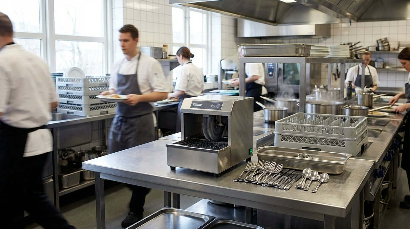 Streamline Your Catering Operations: Why a Portable Cutlery Polisher is a Must-Have in busy catering kitchen with staff and portable cutlery polisher