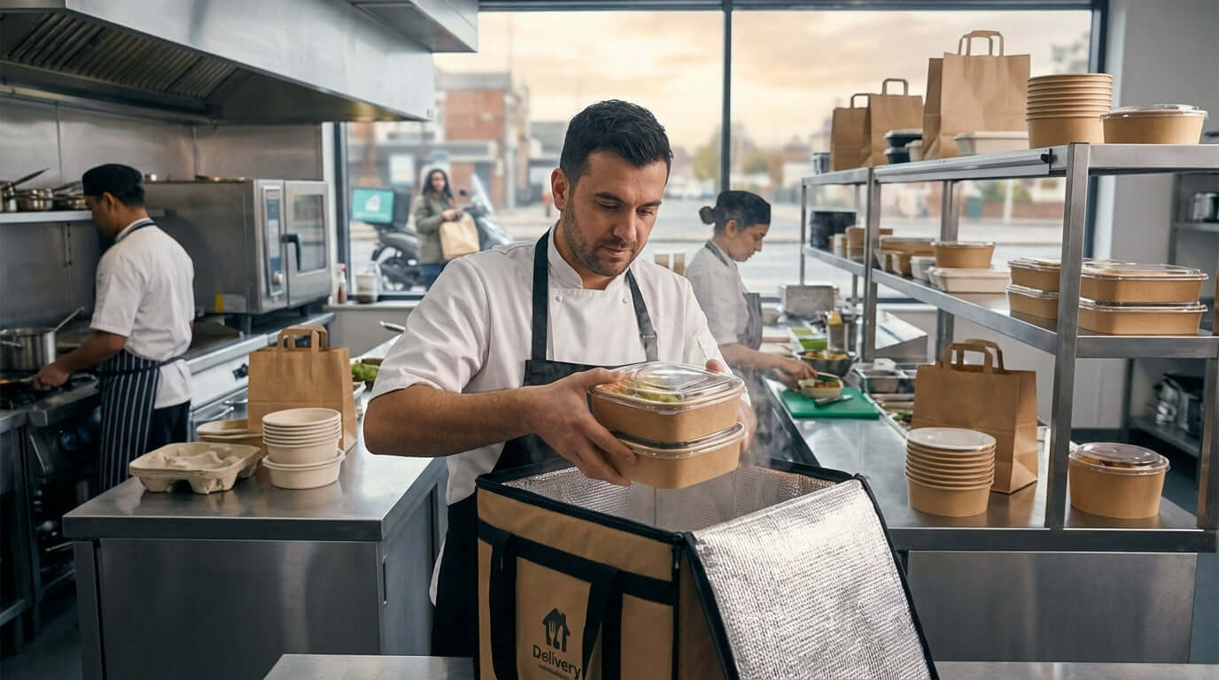 From Kitchen to Curb: How Packaging Impacts the Customer Takeout Experience—chef packing takeout meals in restaurant kitchen with eco-friendly containers