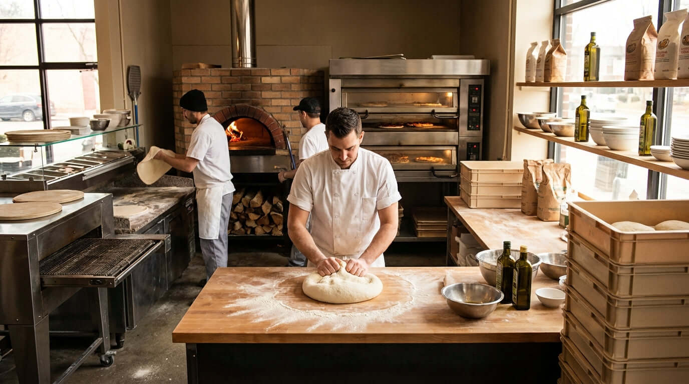 The Ultimate Guide to Perfecting Your Pizza Dough for Any Oven Type baker kneading pizza dough in pizzeria kitchen near ovens