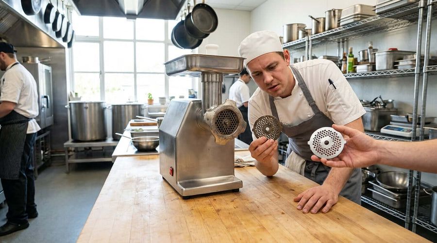 5 Signs Its Time to Replace Your Commercial Meat Grinder Plate - chef inspecting worn grinder plates in a busy commercial kitchen