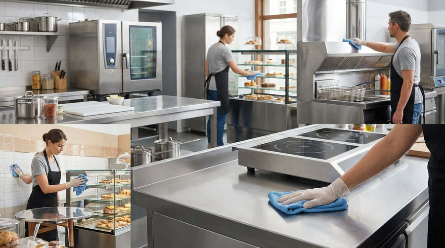 5 Surfaces You Should Be Cleaning with Microfiber for a Flawless Finish - staff cleaning stainless steel commercial kitchen surfaces with microfiber cloth