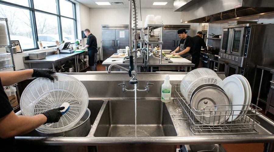 Keep it Clean: A Step-by-Step Guide to Sanitizing Your Food Service Salad Spinner—sanitizing salad spinner basket at commercial kitchen sink