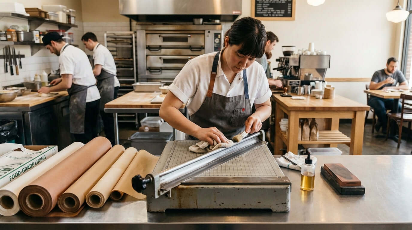 Keep it Cutting: Simple Maintenance Tips to Extend the Life of Your Paper Cutter – restaurant staff cleaning paper cutter blade for reliable menu prep