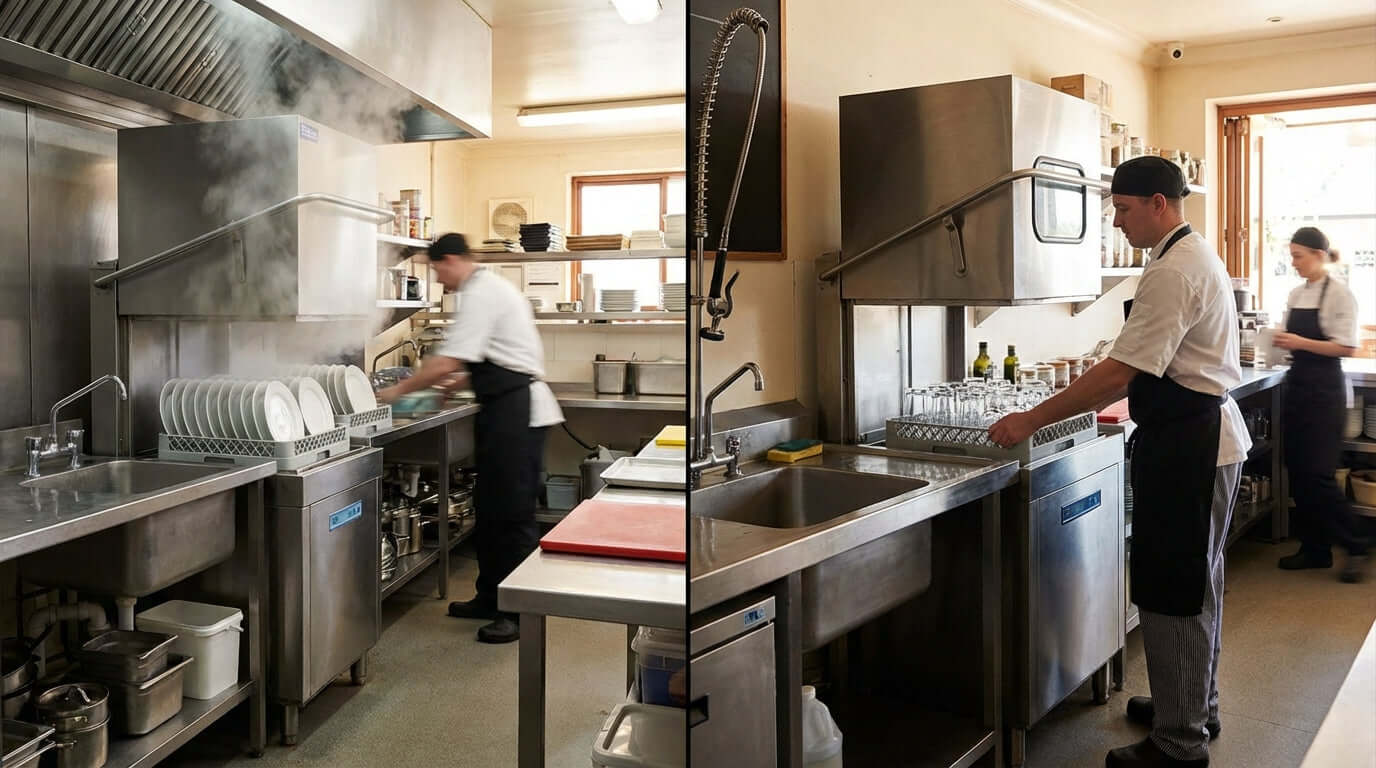 Alt Tag: High-Temp vs. Low-Temp: Choosing the Right Sanitization for Your Warewasher commercial kitchen staff loading warewasher in dishwashing station
