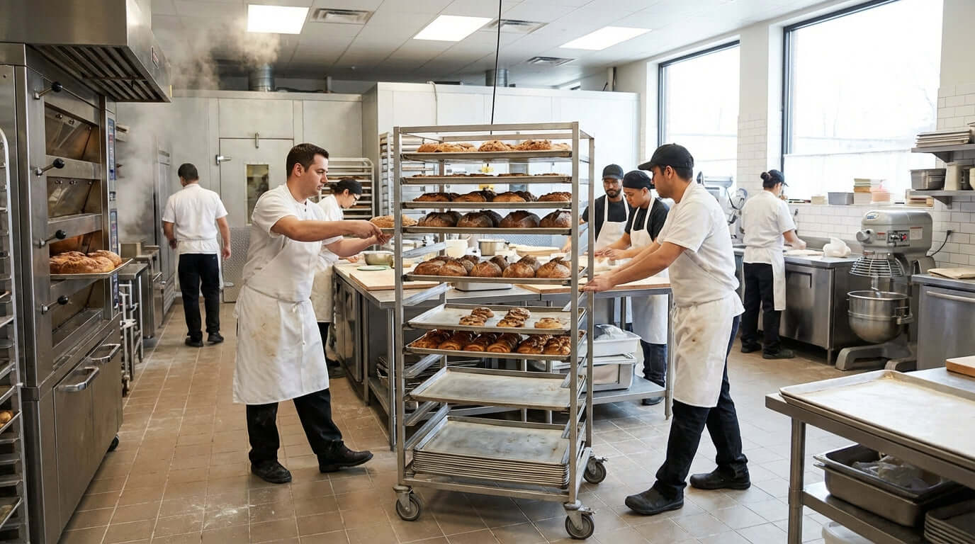 5 Ways a Mobile Bakery Rack Can Revolutionize Your Kitchen Workflow as bakers wheel a mobile rack of fresh pastries in a busy commercial kitchen