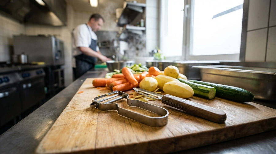 Y-Peeler vs. Straight Peeler: Which is Right for Your Pro Kitchen? peelers on cutting board with chef prepping vegetables