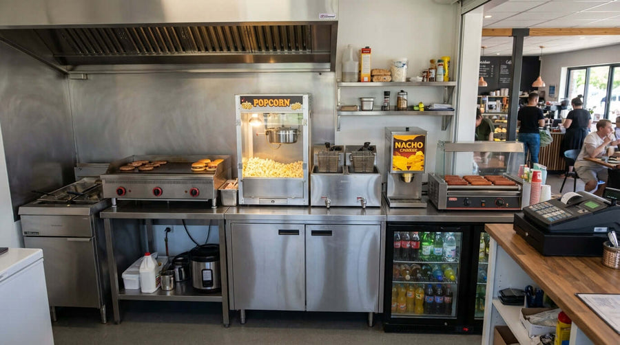 Alt Tag: Essential Equipment Checklist for a New Concession Stand featuring popcorn machine, griddle, warmers, drink fridge and POS counter