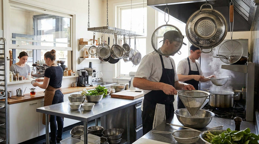 The Ultimate Guide: Choosing the Right Strainer for Every Kitchen Task in pro kitchen with chefs using conical strainer and sieves