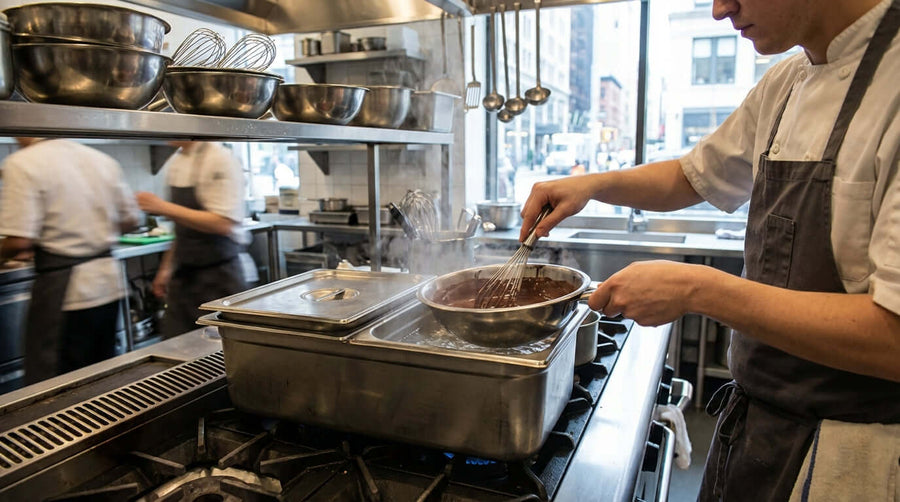 How to Prevent Scorching and Seizing in a Professional Kitchen: chef whisking chocolate over bain-marie in a busy commercial kitchen