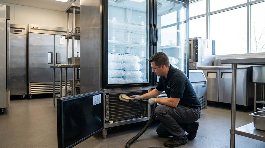 Keep It Cool: Essential Maintenance Tips for Your Commercial Ice Merchandiser—technician cleaning commercial ice merchandiser condenser coils