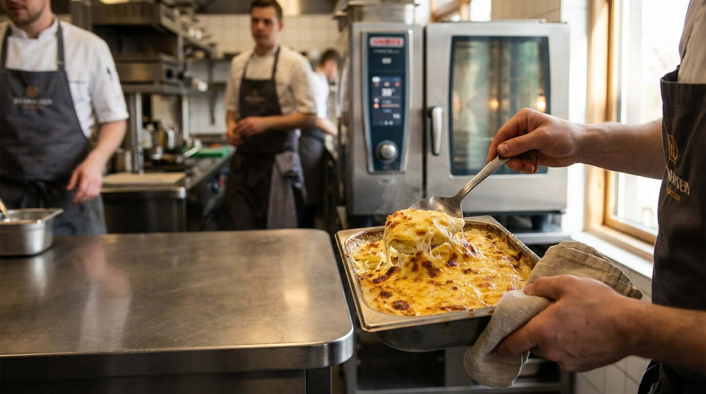 The Art of the Gratin: 5 Tips for a Perfect Golden-Brown Crust chef lifting cheesy gratin to show golden-brown crust in kitchen