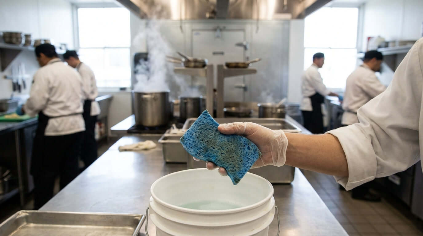 Beyond the Scrub: The Critical Role of Sponges in Your HACCP Plan - foodservice worker holding blue sponge in commercial kitchen sanitation
