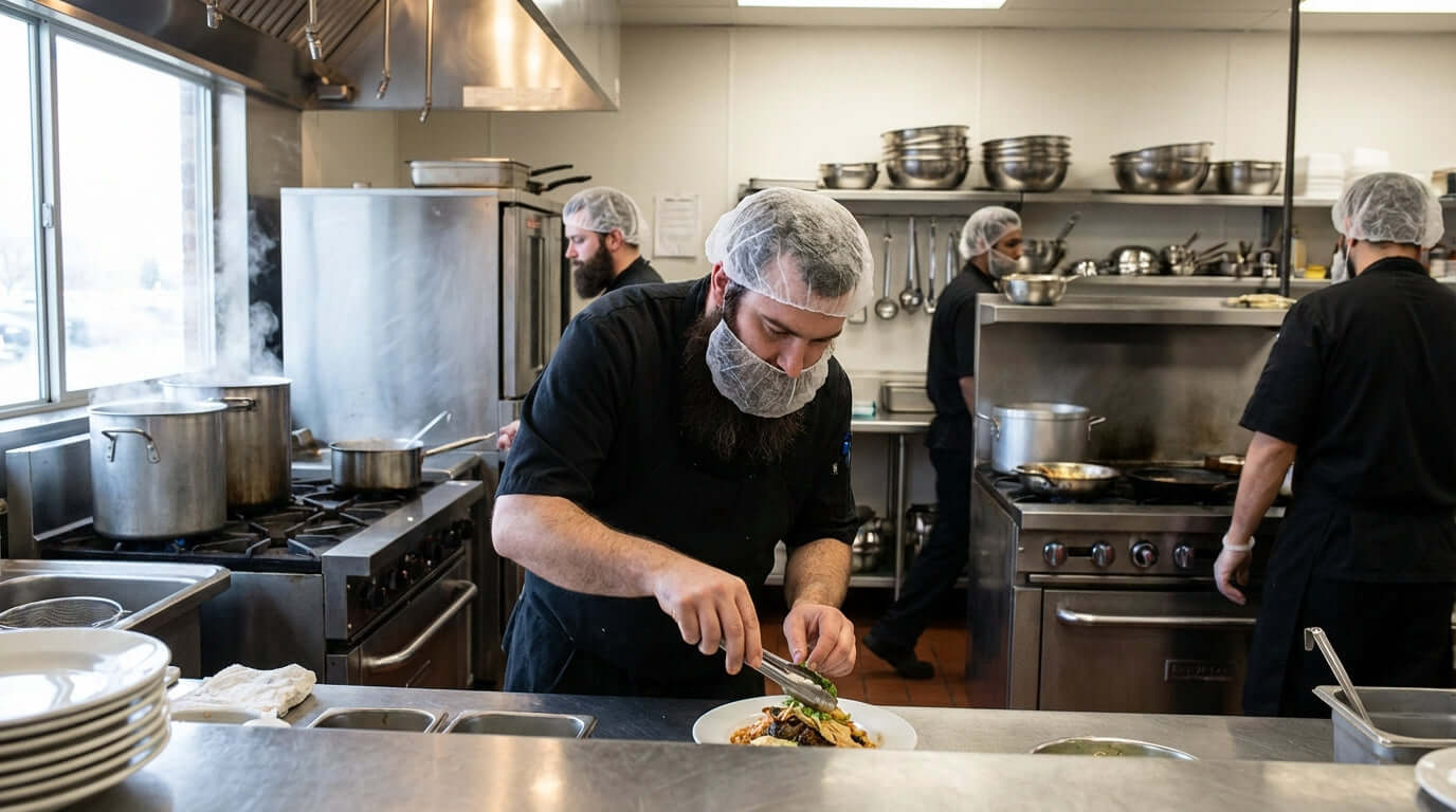 Alt Tag: The Unseen Threat: Why Beard Nets Are a Non-Negotiable for Food Safety—chef wearing beard net in commercial kitchen preparing plated dish