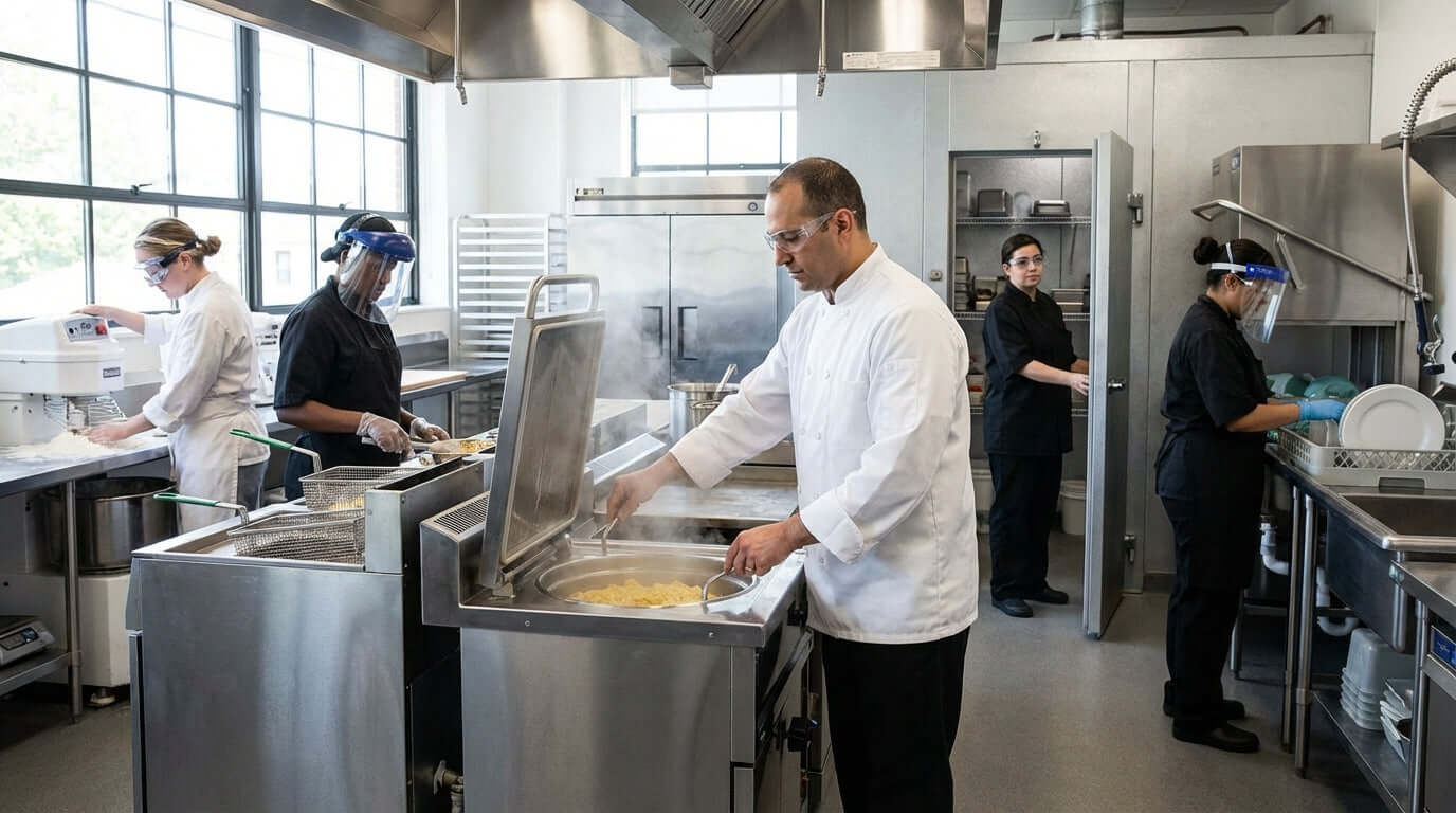 5 Common Eye Injuries in the Food & Merchandise Industry (And How to Prevent Them) chef and kitchen staff wearing eye protection