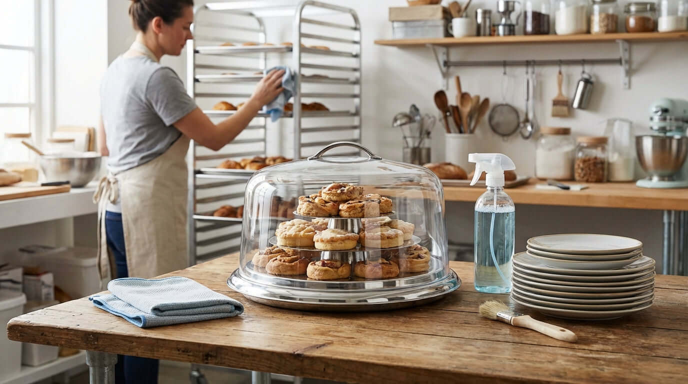 Keeping Your Display Pristine: A Cleaning and Maintenance Guide for Cake Stands and Domes - cleaning a cake stand and glass dome in a bakery kitchen
