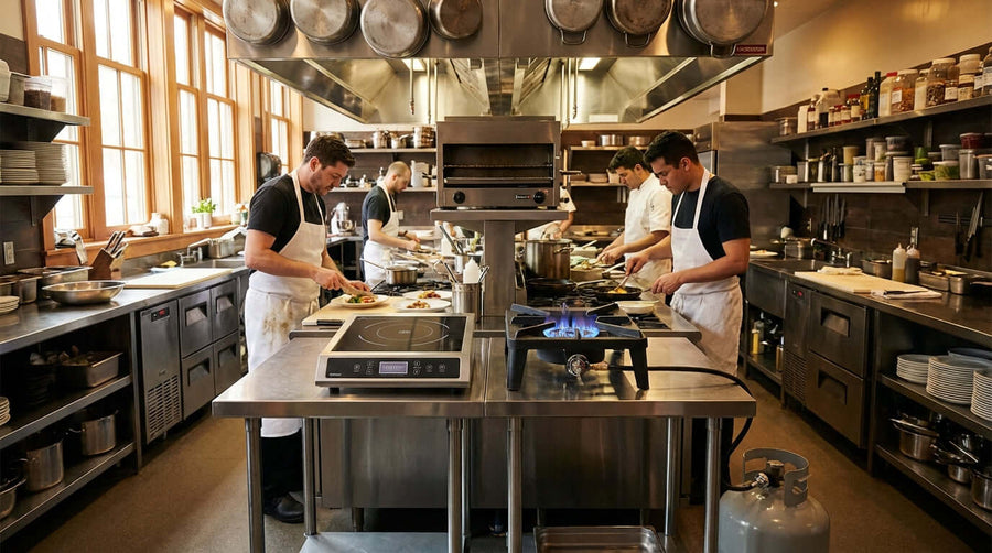 Propane vs. Induction: Which Portable Cooktop is Best for Events? chefs cooking in commercial kitchen with induction cooktop and propane burner