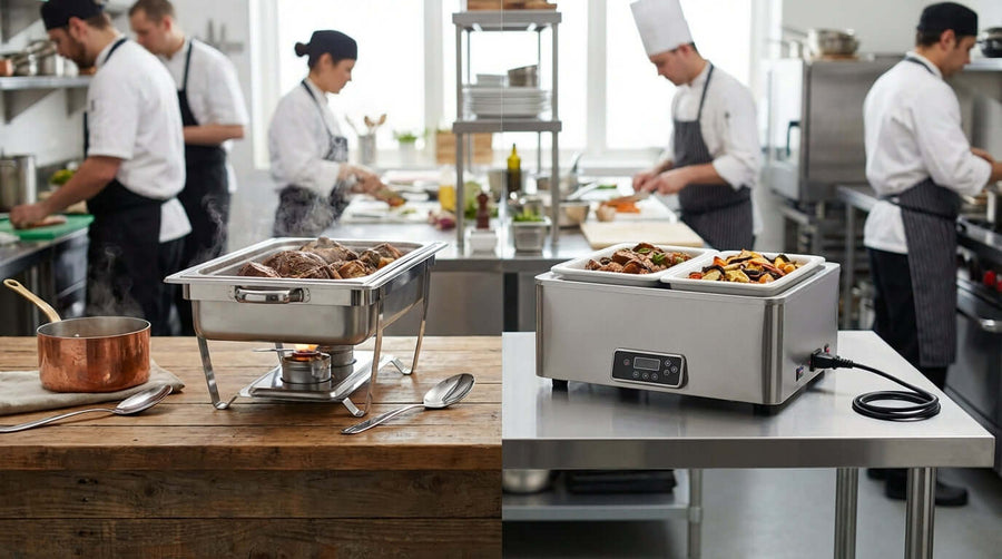 Electric vs. Traditional Chafers: Which Food Warmer is Right for You? chefs preparing buffet with electric food warmer and traditional chafing dish