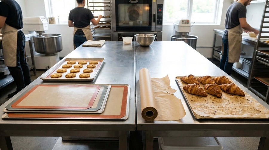 Baking Mats vs. Parchment Paper: A Cost Analysis for Your Bakery on bakery prep table with silicone mats, parchment roll, cookies and croissants