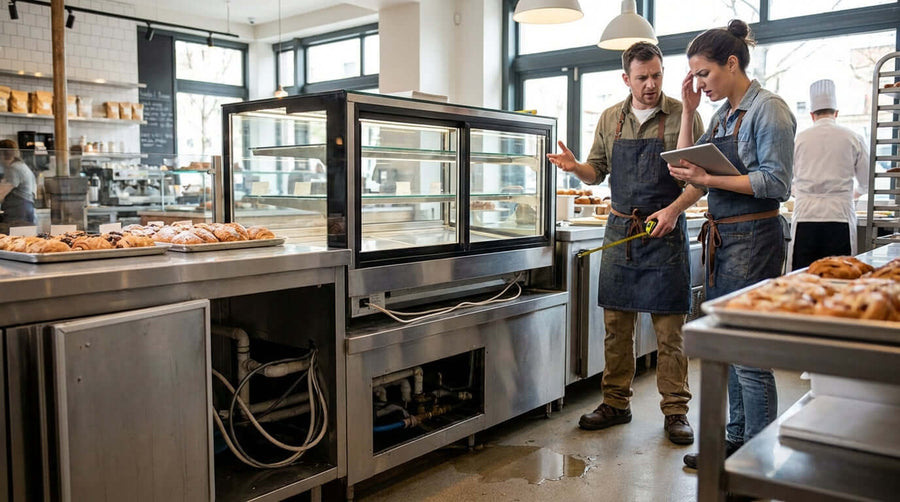 5 Common Mistakes to Avoid When Installing Your Drop-In Display Case - staff measuring and checking drop-in refrigerated bakery display case