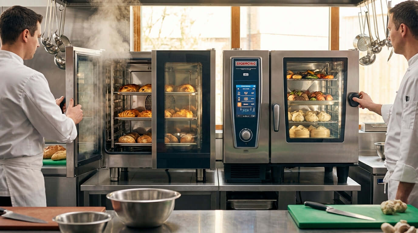 Alt Tag: Convection vs. Combi Oven: Which is the Smart Investment for Your Kitchen? chefs comparing convection and combi ovens in a commercial kitchen