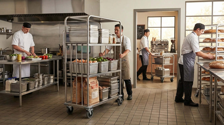 Streamlining Retail Inventory: The Role of Heavy-Duty Stocking Carts in a commercial kitchen with staff moving a loaded metal stocking cart