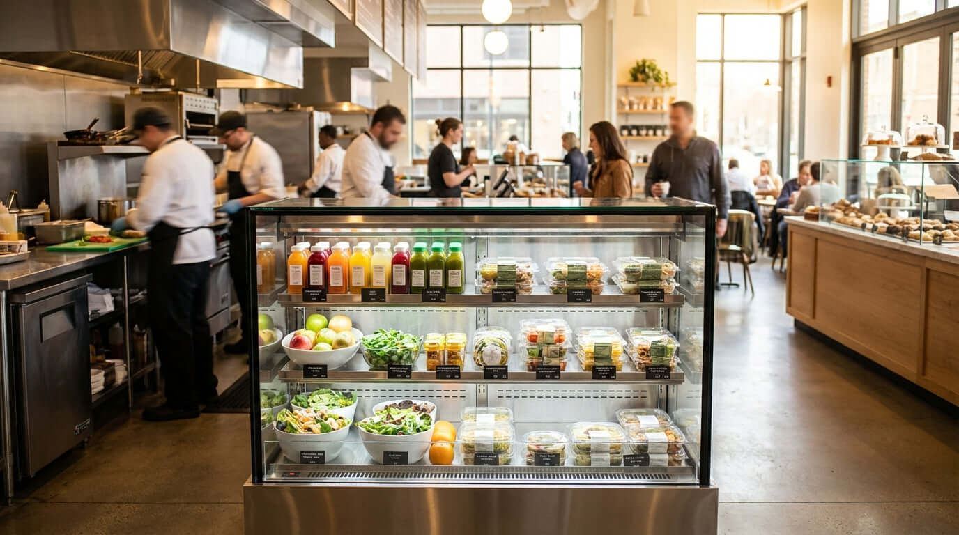 5 Merchandising Secrets to Maximize Sales with Your Grab-and-Go Cooler open-air cooler stocked with salads, drinks, and snacks