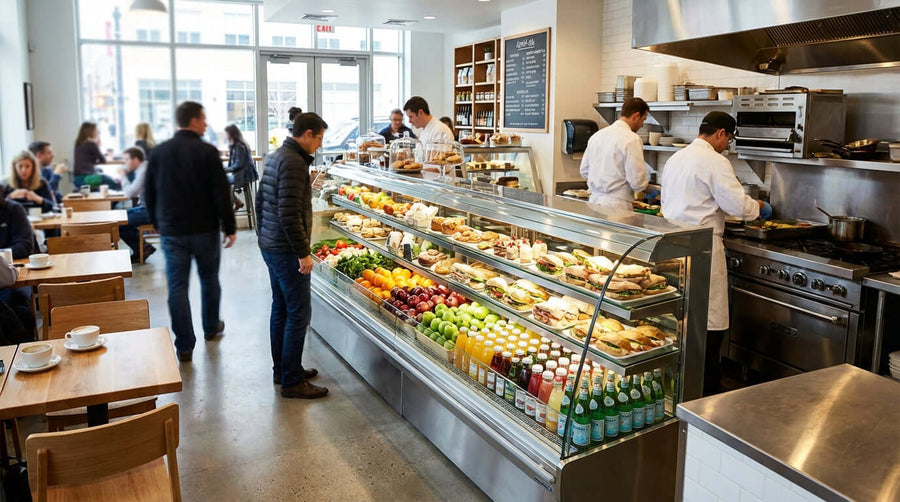 Investing in Freshness: How a Quality Refrigerated Display Boosts Your Bottom Line in busy café with chefs and refrigerated food display