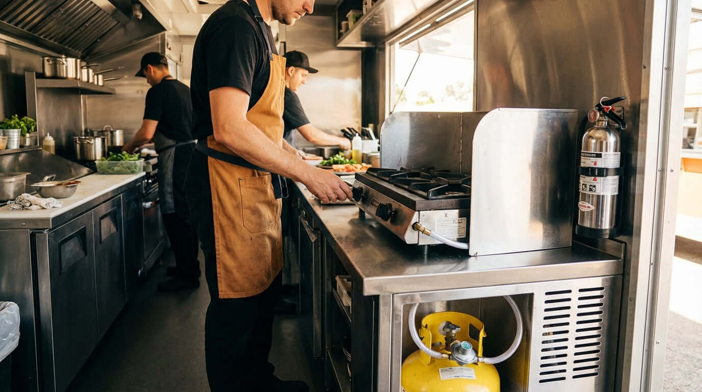 Alt Tag: Propane Hot Plate Safety: 7 Essential Tips for Your Mobile Kitchen in food truck kitchen with chef using propane hot plate near tank