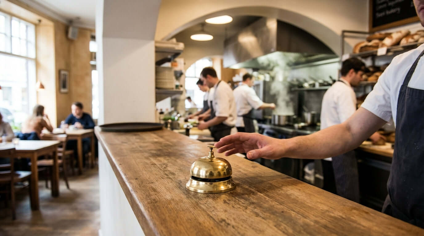 Beyond the Ding: How a Simple Call Bell Can Revolutionize Your Customer Service - server hand ringing brass call bell at busy restaurant counter