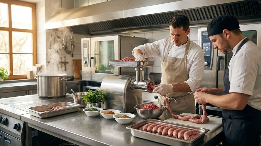 From Ground Meat to Gourmet Sausage: A Step-by-Step Guide—chefs grinding meat and stuffing fresh sausages in a commercial kitchen