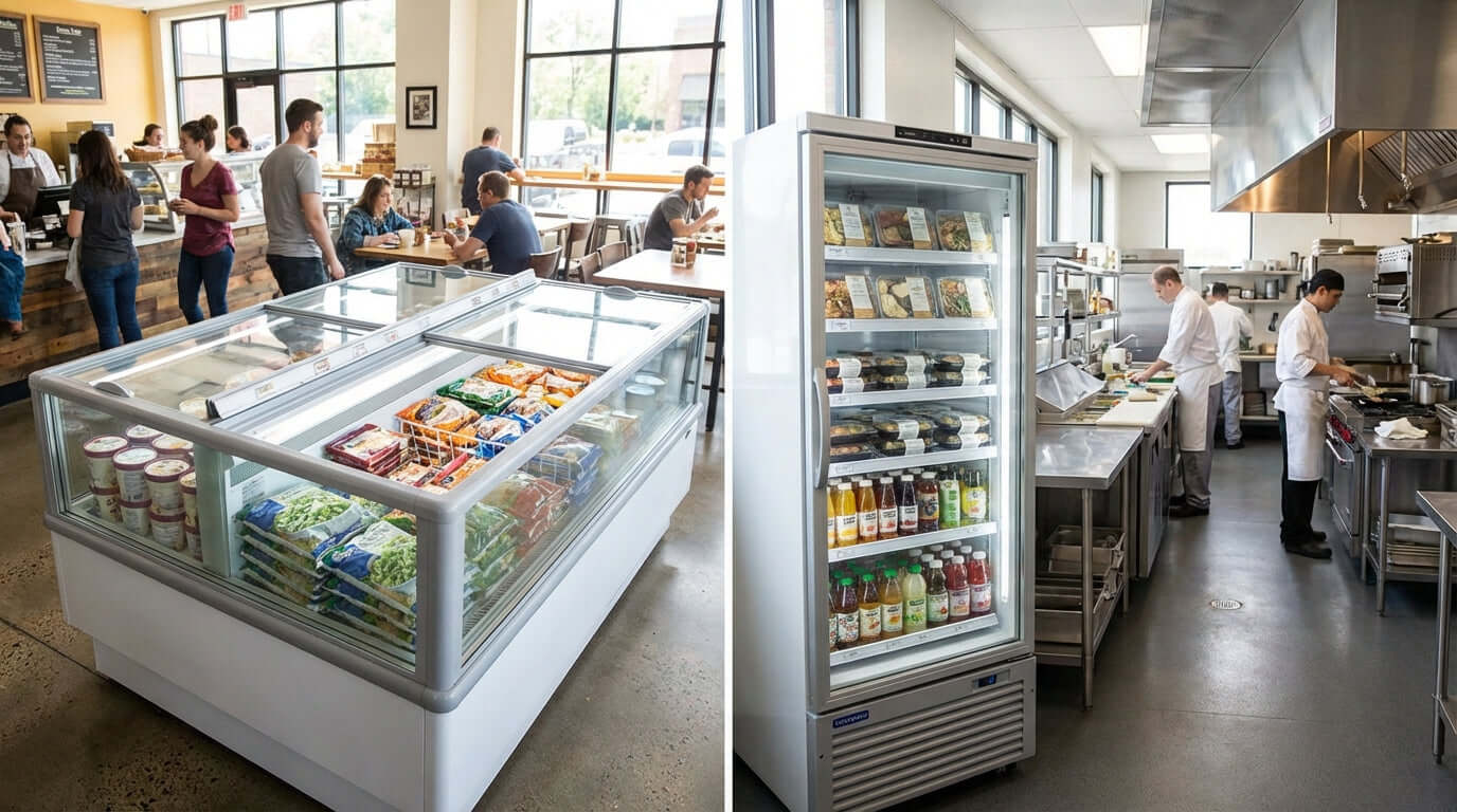 Island Freezer vs. Upright Display: Which is Right for Your Business? island freezer and upright display case in busy grocery store layout