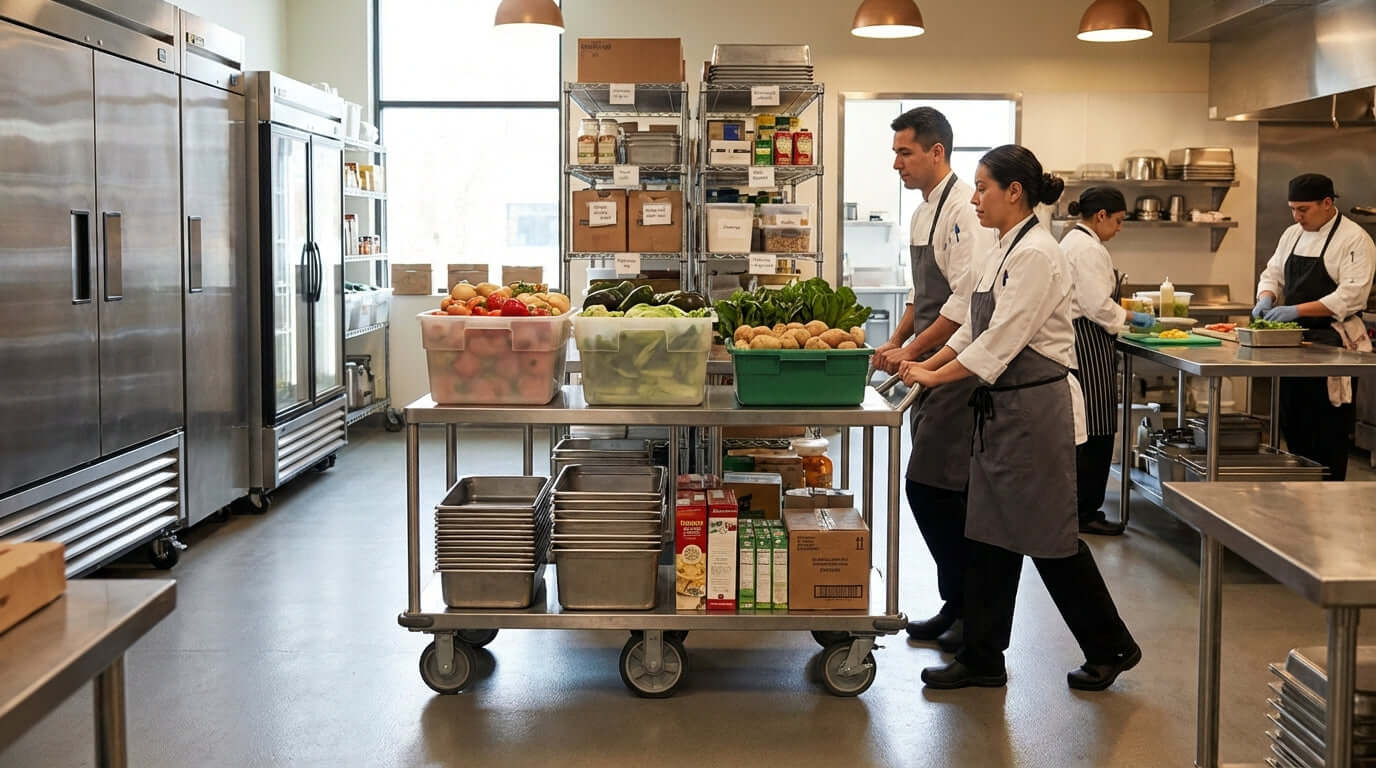 Rationalisez votre entrepôt : maximiser l’efficacité du commerce de détail avec des chariots à plateforme – les chefs utilisent un chariot plateforme pour déplacer le stock et les fournitures dans l’entrepôt organisé de la cuisine