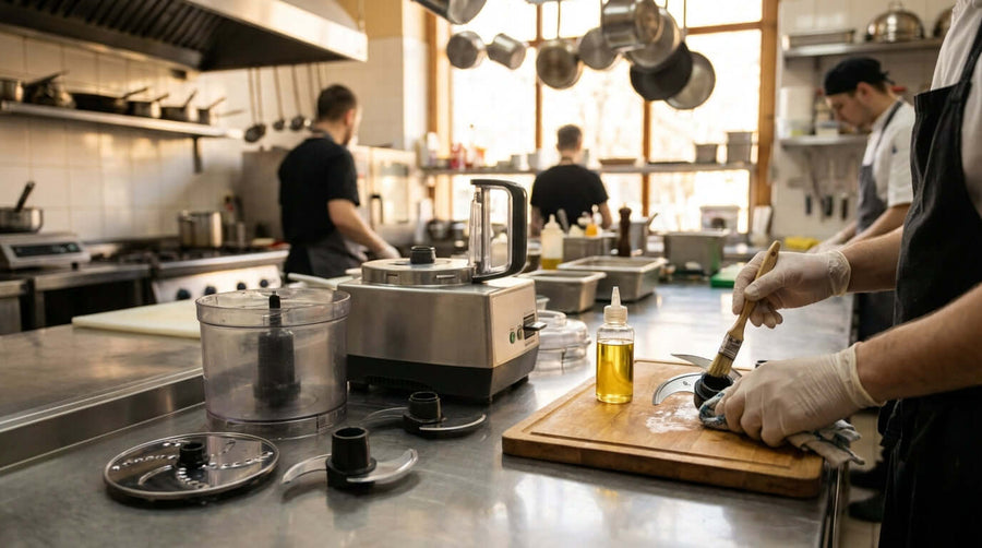 5 Pro Tips for Cleaning and Maintaining Your Food Processor Blades in commercial kitchen, staff cleaning blades with brush on cutting board