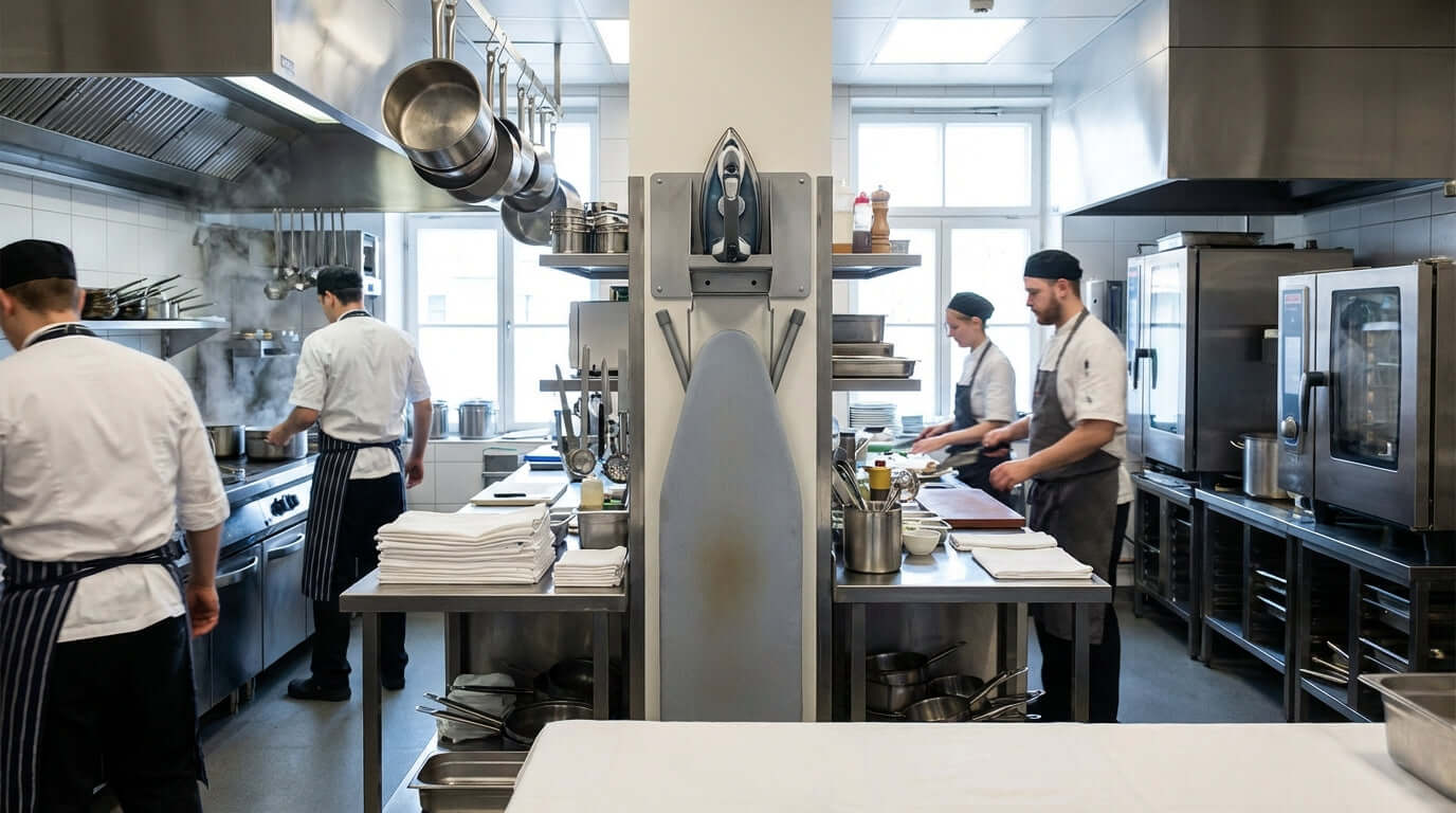 Beyond Tidiness: How Ironing Organizers Improve Safety and Efficiency in hospitality back-of-house with staff organizing workstations