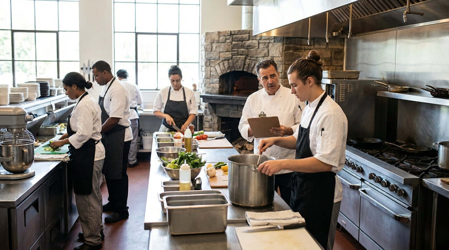 how to get staff to wear hairnets training in busy commercial kitchen with manager coaching chefs on food safety compliance